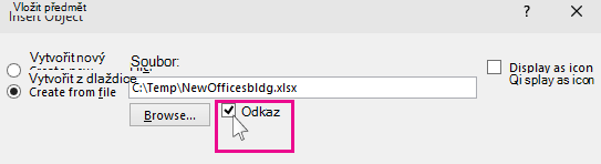 choosing link for inserting a file into powerpoint