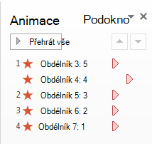 Kliknutím na ANIMACE a potom na Podokno animací zobrazte Podokno animací. Číslo vpravo od dvojtečky odpovídá číslu v obdélníku.