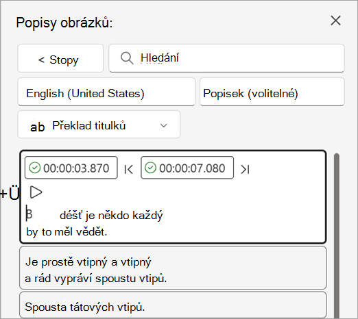 Úprava textových upozornění ve stopě titulků v podokně Titulky.