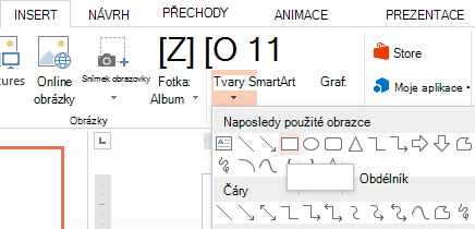 V části Obrazce ve skupině Ilustrace můžete vybrat některý obrazec, třeba obdélník.