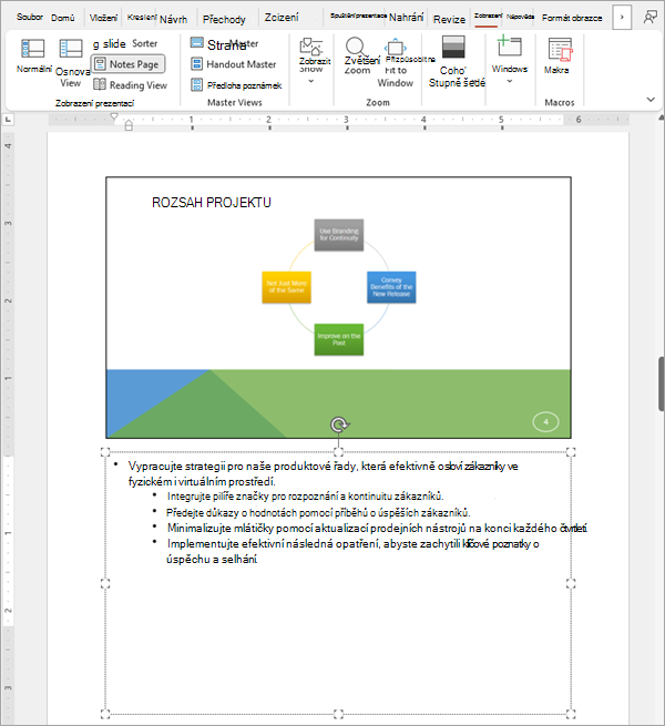 Snímek obrazovky zobrazující jeden snímek v prezentaci PowerPointu s přidruženými poznámkami.