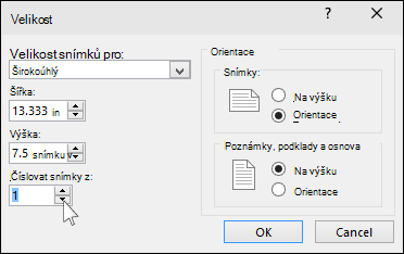 Zobrazuje dialogové okno s velikostí snímku v PowerPointu.