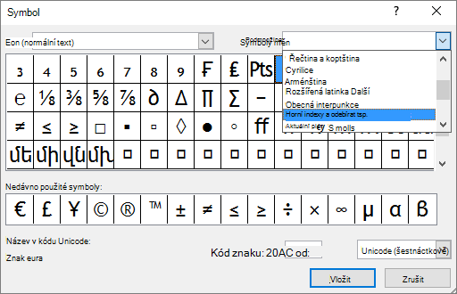 Zobrazuje podsady dolního a horního indexu v dialogu Symbol v PowerPointu.