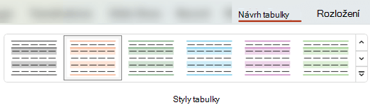 Na kartě Návrh tabulky si můžete vybrat z mnoha předdefinovaných stylů tabulky a rychle tak použít různé formátování na tabulku.