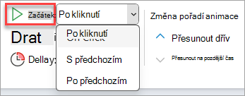 Výběr rozevíracího seznamu Spustit v nástroji Časování animace