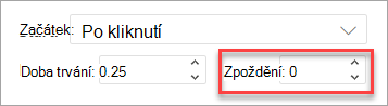 Pole Zpoždění při použití animace v aplikaci PowerPoint na webu.