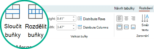 Příkazy Sloučit buňky a Rozdělit buňky jsou v PowerPointu na kartě Rozložení.