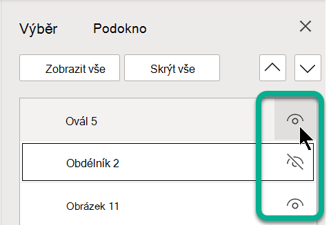 V podokně výběru můžete pomocí symbolu oka na pravé straně jakéhokoli objektu objekt zobrazit nebo skrýt.