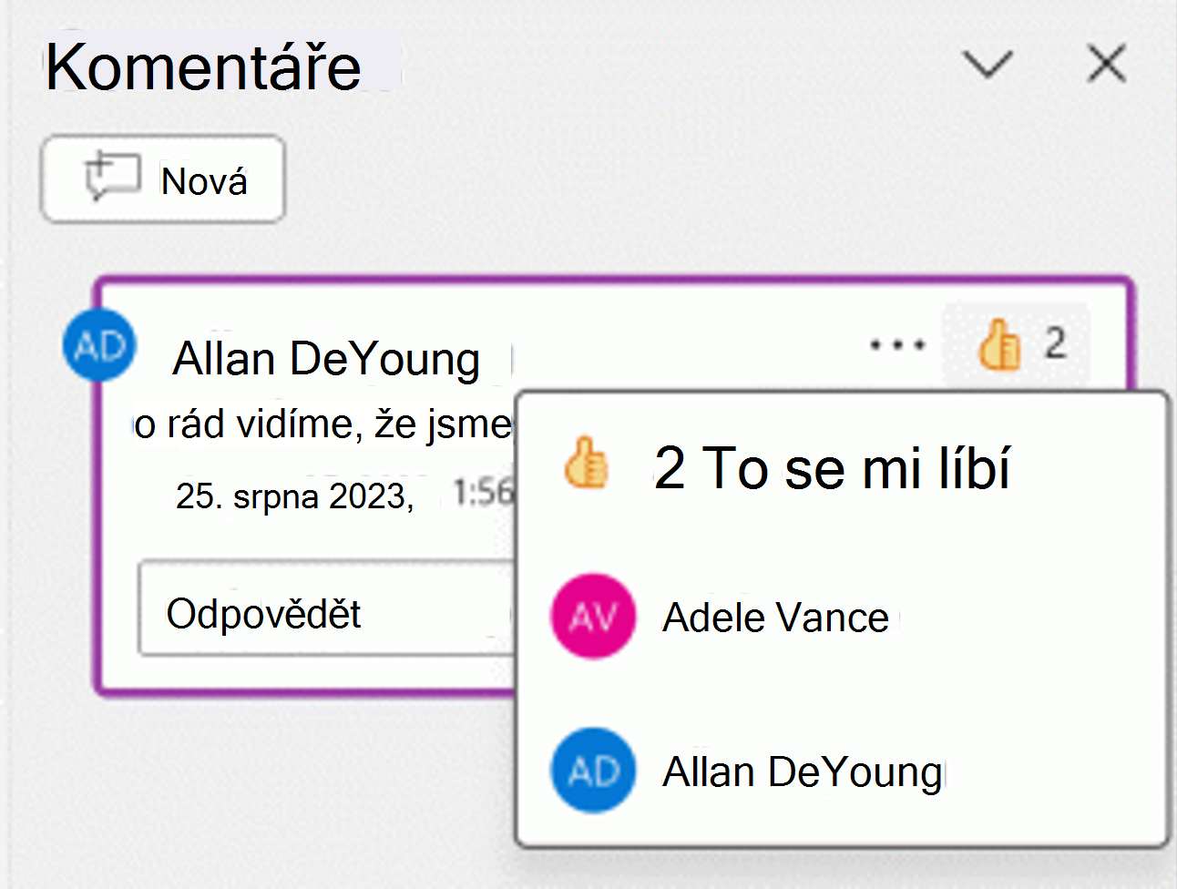 Snímek obrazovky s reakcí palce nahoru na komentář