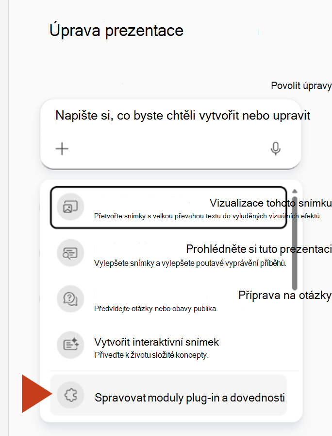 Snímek obrazovky, který ukazuje výběr možnosti Spravovat moduly plug-in a dovednosti z nabídky plus v podokně Copilot.