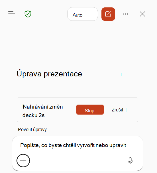 Snímek obrazovky, který ukazuje probíhající záznam dovedností v Copilotu v PowerPointu.