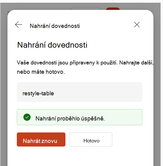 Snímek obrazovky s potvrzením nahrání dovednosti po nahrání dovednosti.