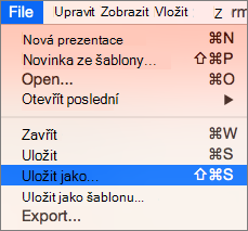 Zobrazuje nabídku Uložit > jako soubor v aplikaci PowerPoint 2016 pro Mac.