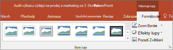 Snímek různých stylů a efektů náhledu, které můžete zvolit na kartě Formát v PowerPointu