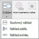 Snímek různých typů náhledu, které se dají vybrat, když přejdete na Náhled vložení > : Souhrnný náhled, Náhled snímku a Náhled oddílu.