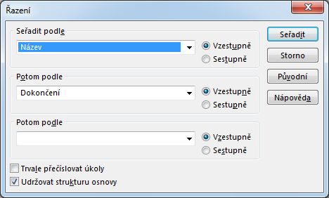 Dialogové okno Řazení