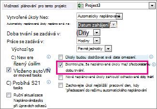 Dialogové okno Možnosti, karta Plán, Možnosti plánování pro tento projekt