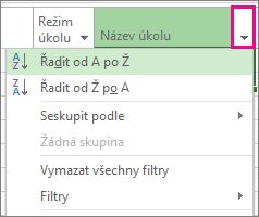 Nabídka Název úkolu s vybranou možností Seřadit od A po Z
