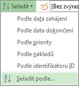Nabídka Seřadit na kartě Zobrazení