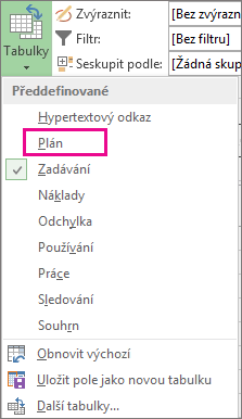 Položka Plán v nabídce Tabulky