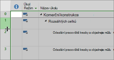 Snímek obrazovky zobrazení Ganttova diagramu s kurzorem umístěným nad oddělovačem řádků