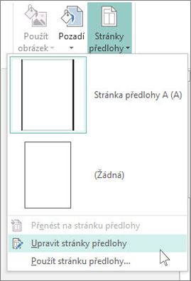 Snímek obrazovky s rozevíracím seznamem Upravit stránky předlohy v Publisheru