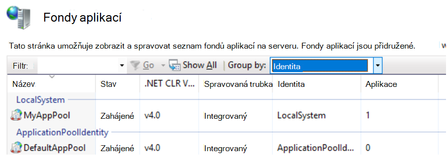 Snímek obrazovky ukazuje příklad fondu aplikací (MyAppPool), který je nakonfigurovaný tak, aby běžel jako LOCALSYSTEM. Všechny aplikace spuštěné v tomto fondu aplikací budou spuštěny jako identita SYSTEM.