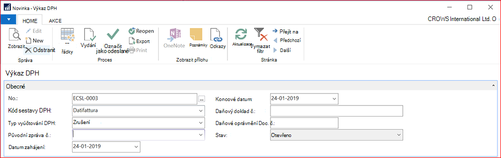 Snímek obrazovky pro novou sestavu DPH