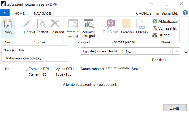 Snímek obrazovky okna Seznam sestavy DPH