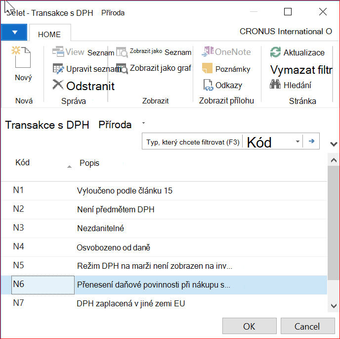 Snímek obrazovky okna Povaha transakce DPH
