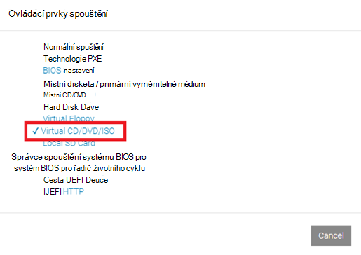 Snímek obrazovky s oknem Boot Controls se zvýrazněnou volbou Virtual CD/DVD/ISO.