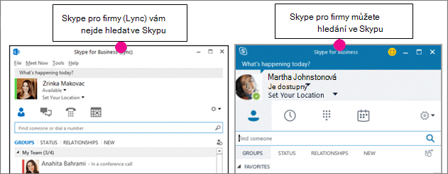 Porovnání stránky kontaktů Skypu pro firmy a stránky kontaktů Skypu pro firmy (Lyncu) vedle sebe