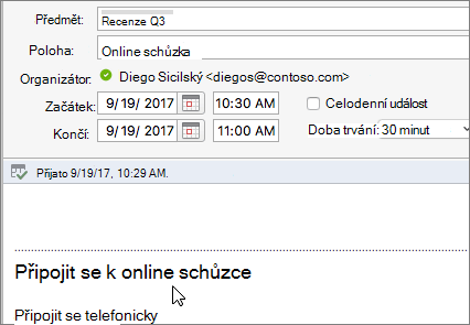 Snímek obrazovky s dialogem schůzky, na které je odkaz Připojit se k online schůzce