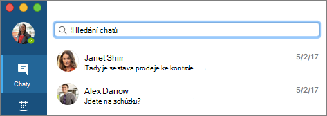 Hledání kontaktů na kartě Chaty
