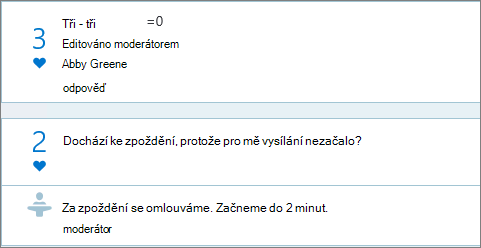 Zobrazení moderátora v panelu Otázky&odpovědi