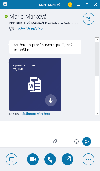 Snímek obrazovky s oknem rychlých zpráv a s přicházející přílohou.