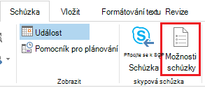 Tlačítko Možnosti schůzky na pásu karet Outlooku