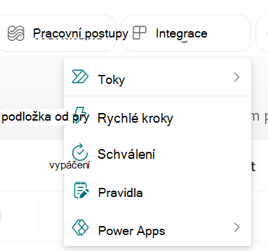 Snímek obrazovky s rozevíracím seznamem nabídky Integrace.