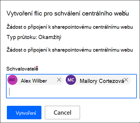 Snímek obrazovky s přidáváním schvalovatelů