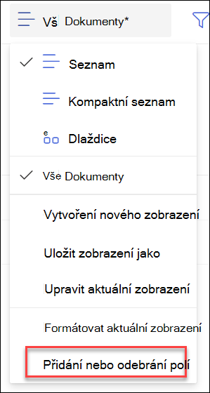 Snímek obrazovky s přidáním odebrání polí