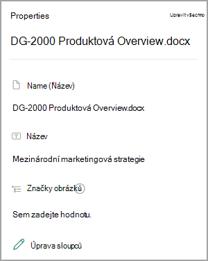 Snímek obrazovky znázorňující vlastnosti dokumentu v knihovně SharePointu.