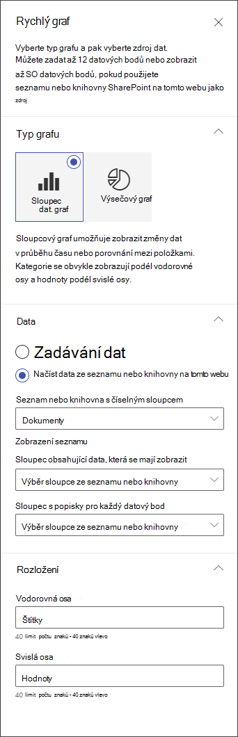 Snímek obrazovky s panelem pro úpravy sloupcového grafu