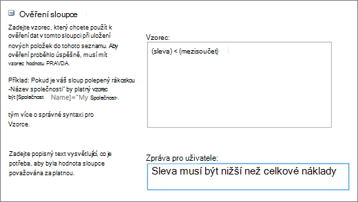 Dialogové okno ověření sloupce s poli vyplněnými ukázkovými daty
