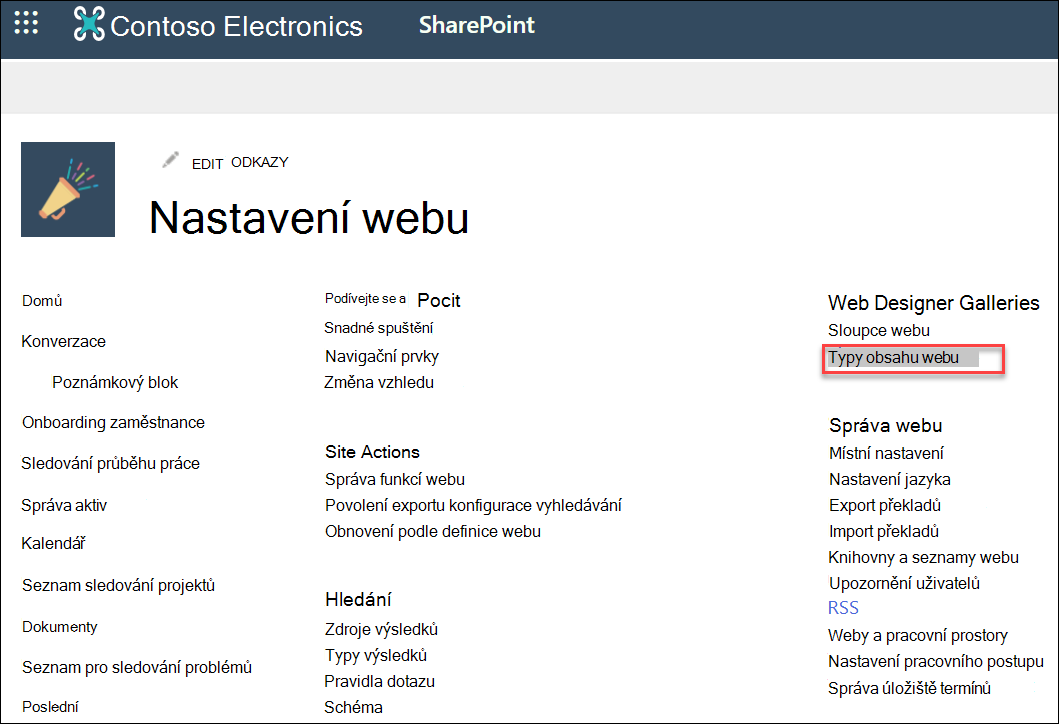 Možnost Typy obsahu webu v dialogovém okně Nastavení webu