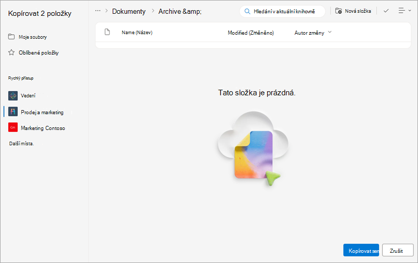 Nová složka, kde se zobrazí zkopírované soubory