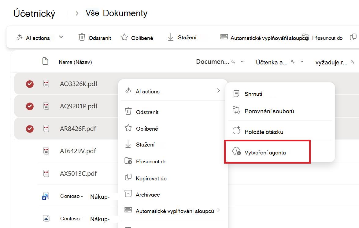 Snímek obrazovky s tlačítkem pro vytvoření agenta z místní nabídky výběru souboru nebo složky