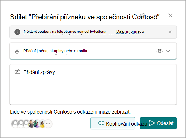Dialogové okno pro odeslání odkazu s polem příjemce, nastavením oprávnění, polem pro zprávu a tlačítkem Odeslat