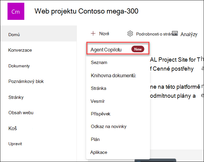Snímek obrazovky vytvoření nového agenta Copilotu z domovské stránky webu