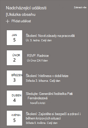 Webová část Události se seznamem a daty událostí.