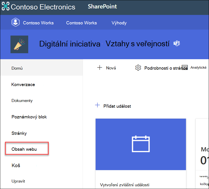 Snímek obrazovky s levým navigačním obsahem webu